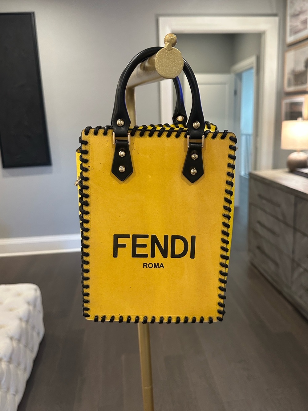 Upcycled Fendi Shopping Bag Boutique Tote Handbag Yellow Black